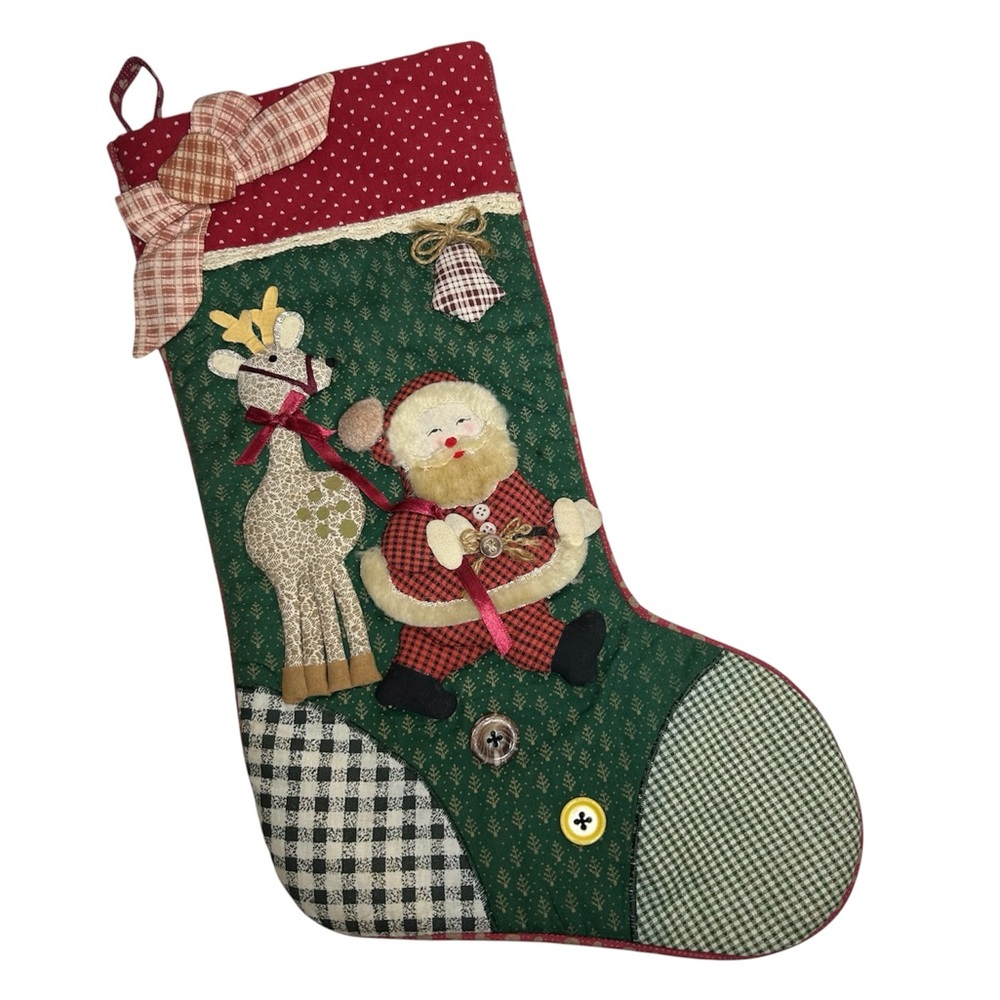 Vintage Handmade 3D Quilted Grandmacore Country House Santa & Reindeer Stocking
